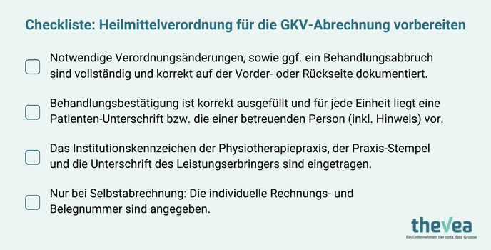 Checkliste für GKV-Abrechnung von Heilmittelerbringern aus Physiotherapie, Ergotherapie, Logopädie und Podologie mit Krankenkassen