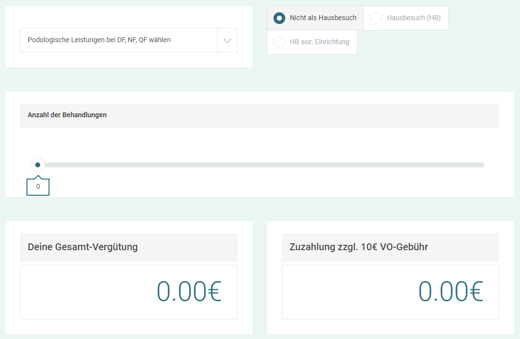 Screenshot des Preisrechners für Preise und Zuzahlungen in der Podologie
