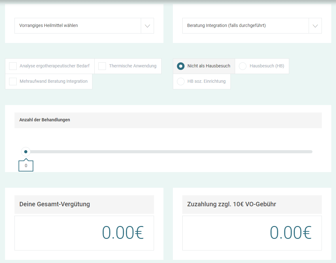 Screenshot des Preisrechners für Preise und Zuzahlungen in der Ergotherapie