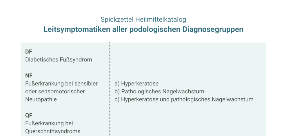 Spickzettel Heilmittelkatalog - Leitsymptomatiken aller podologischen Diagnosegruppen