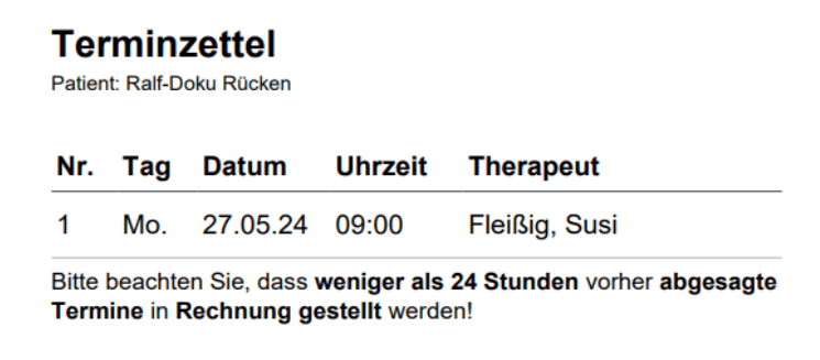 Beispiel für einen Terminzettel, der einen Hinweis auf das Ausfallhonorar enthält