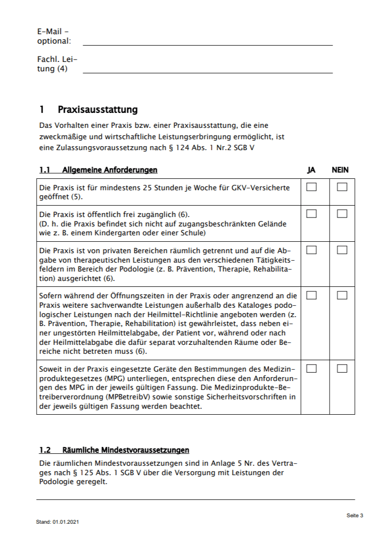 Checkliste der ARGE zu den Podologie-Räumlichkeiten