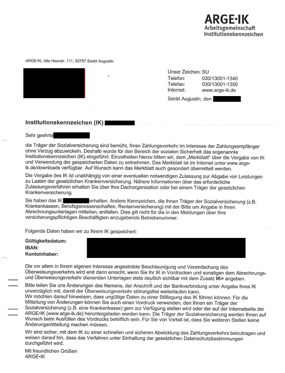 Beispiel eines Anschreibens, mit dem die ARGE IK das Institutionskennzeichen mitteilt