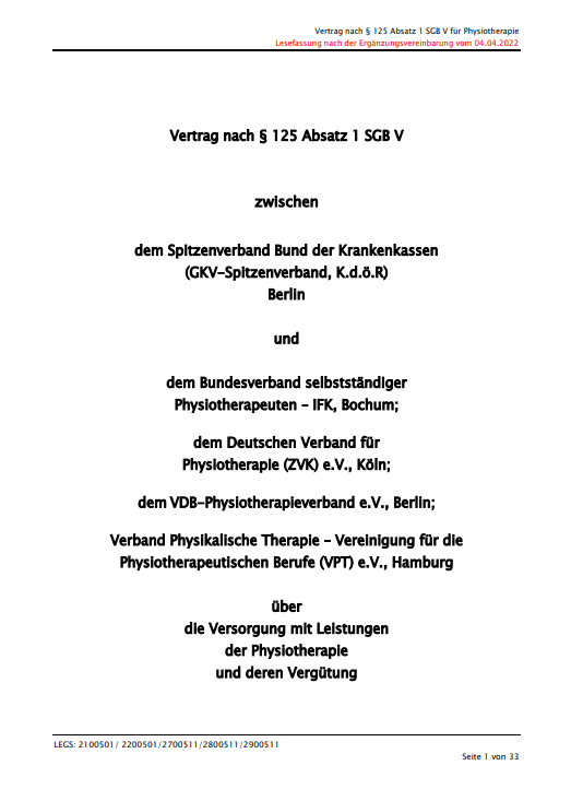 Titelseite des Rahmenvertrags Physiotherapie