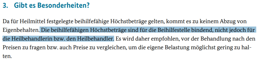 Auszug aus dem Merkblatt der Beihilfe-Höchstbeträge für Heilmittel