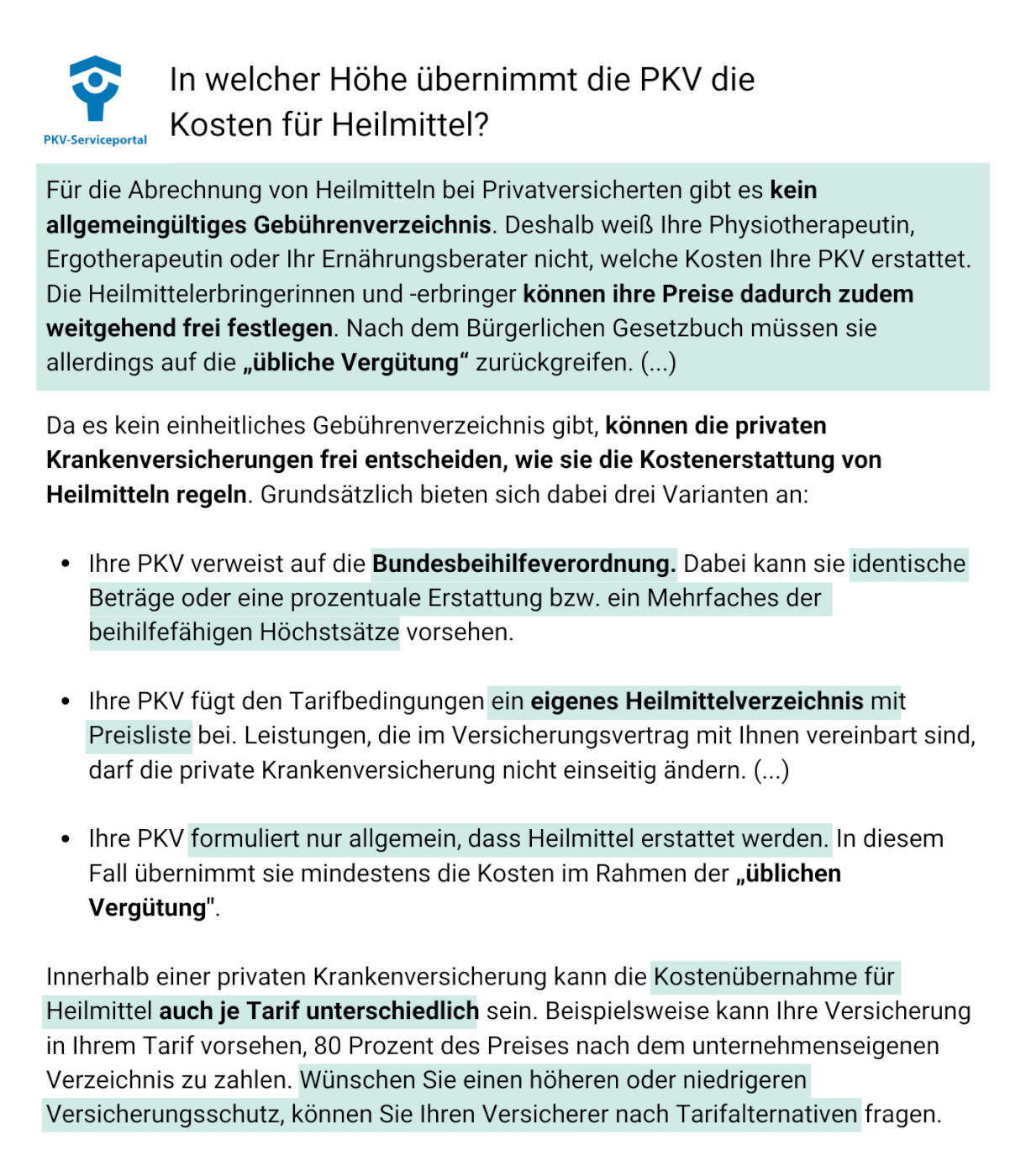 Auszug aus dem PKV-Serviceportal zu den Erstattungsmöglichkeiten für Heilmittel der PKV-Preislisten